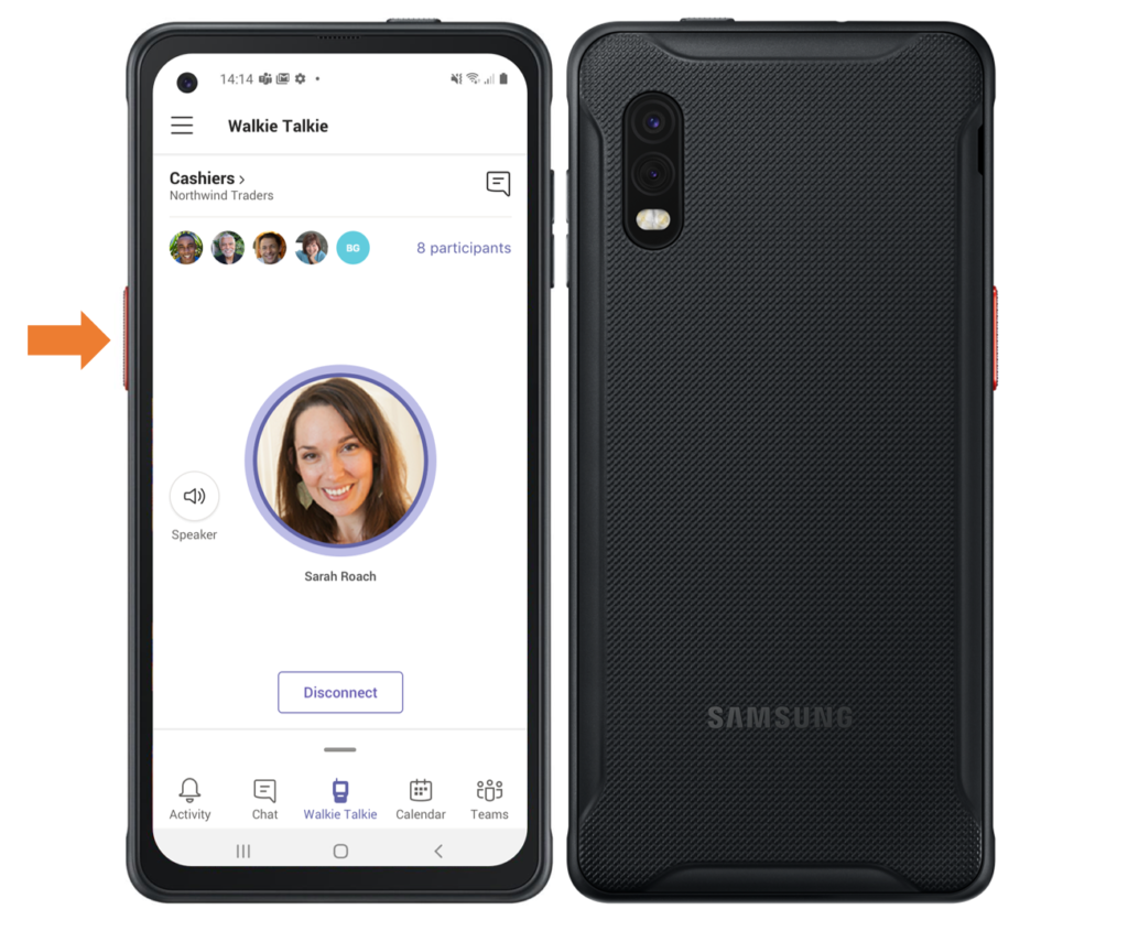 Image of a Samsung phone displaying Microsoft Teams' Walkie Talkie capability. An arrow points to theside button, which enables the microphone.