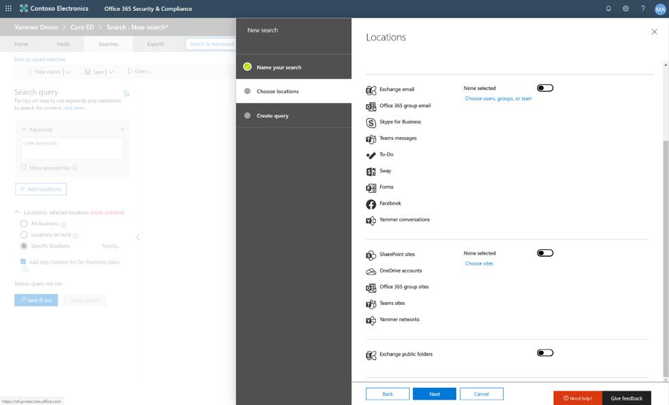 Image showing the list of locations, now including Yammer, in the Microsoft 365 compliance dashboard.