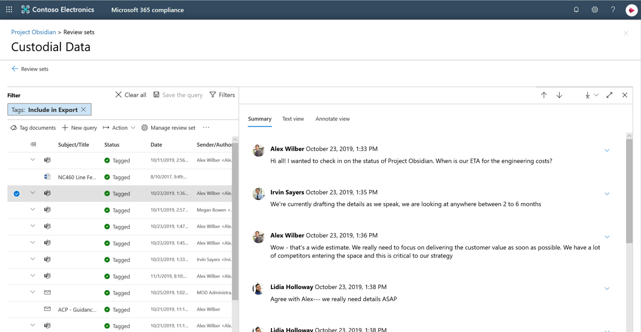 Image showing Custodial Data in the Microsoft 365 compliance dashboard.