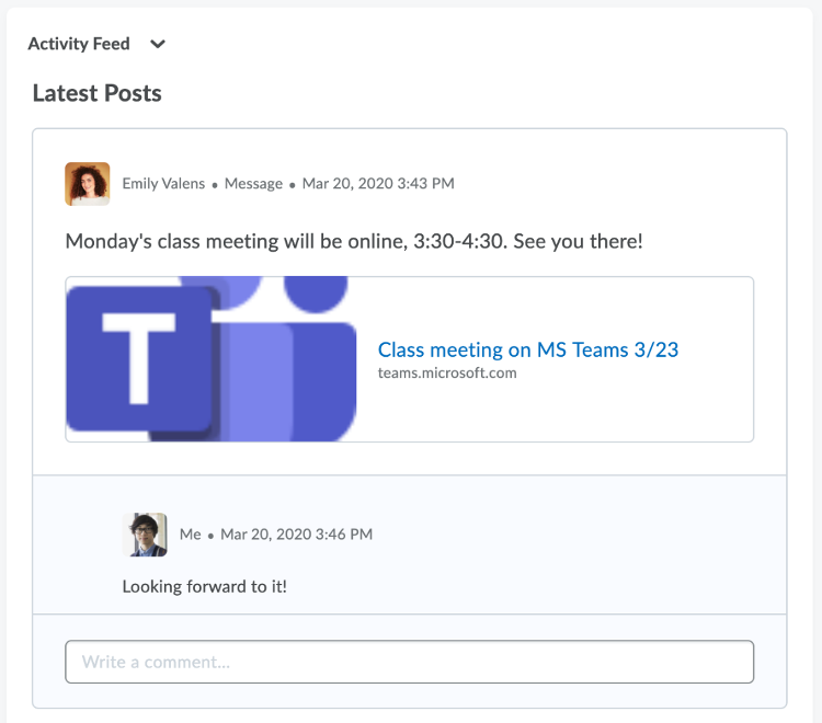Image showing a meeting link created in Brightspace by D2L. A student has written a comment beneath the link: "Looking forward to it!"