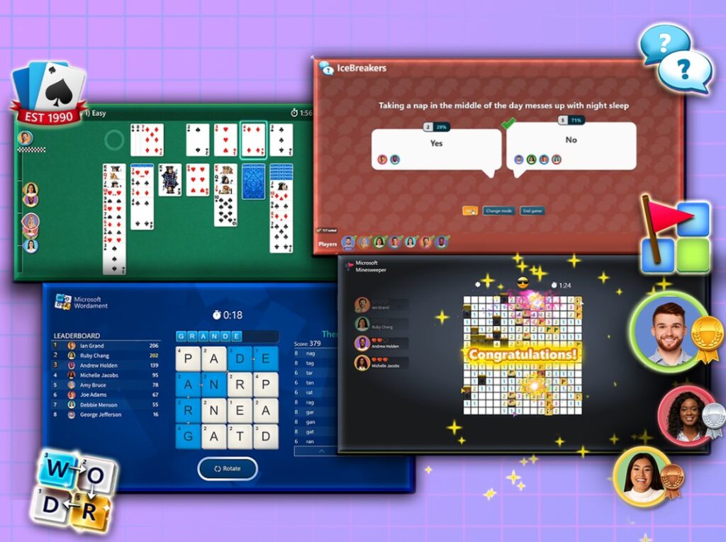 Games for Work app includes a variety of games including Microsoft Minesweeper, Solitaire, IceBreakers, and Wordament to build collaboration and team morale in Microsoft Teams.
