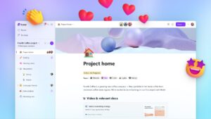 Microsoft Loop app Project home page view, with heart, clap, and star eye emojis.