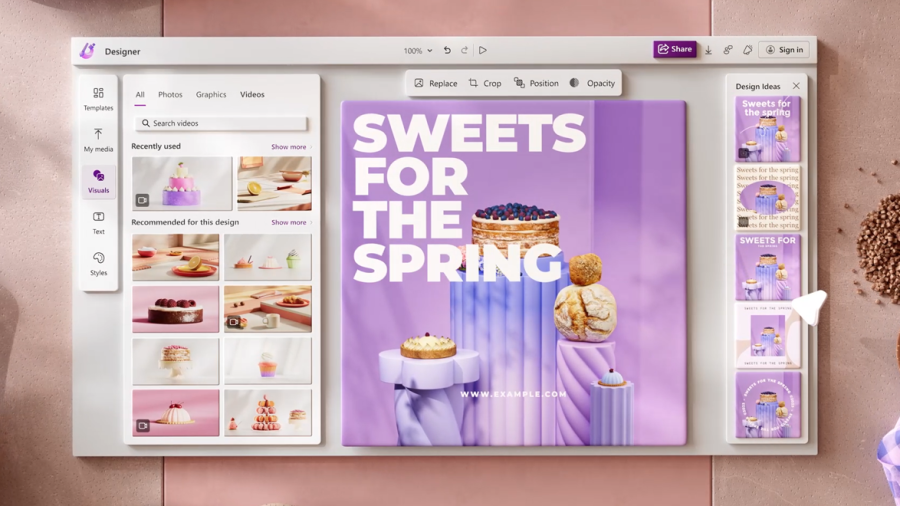 Microsoft Designer used to create a design. The main design in the center has a purple background with four desserts, each one placed on its own pedestal, and a title “SWEETS FOR THE SPRING” written on the top left corner in white.