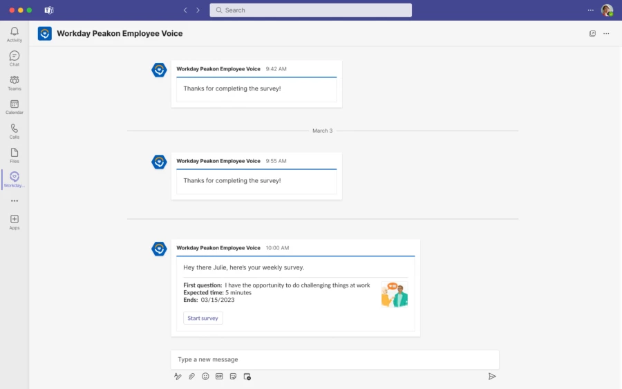 A screenshot of the Workday Peakon Employee Voice app in Teams, with a survey reminder.