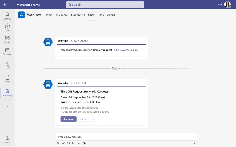 A screenshot of Workday for Teams showing the workflow for time off approvals via a Teams chat.
