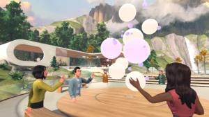 Five avatars interacting with floating bubbles in the Lakehouse immersive environment.