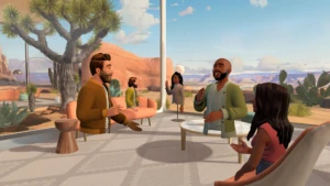 A screenshot showing a virtual social gathering in Microsoft Mesh.