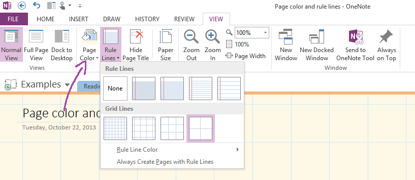 Page Color or Rules Lines on the View tab.