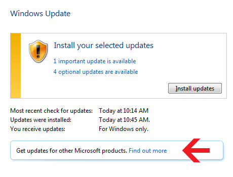 Enabling Microsoft updates in Windows Update