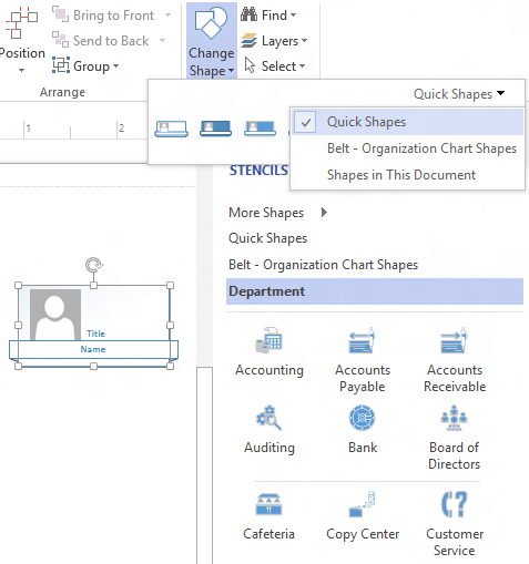 Visio Organization Chart shapes Change Shape drop down menu