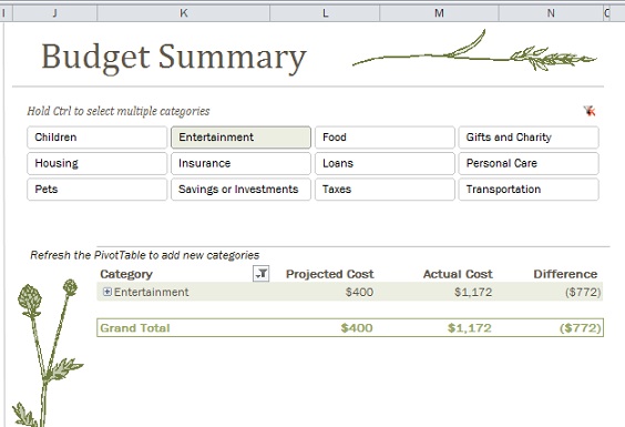 Summary view of a single category