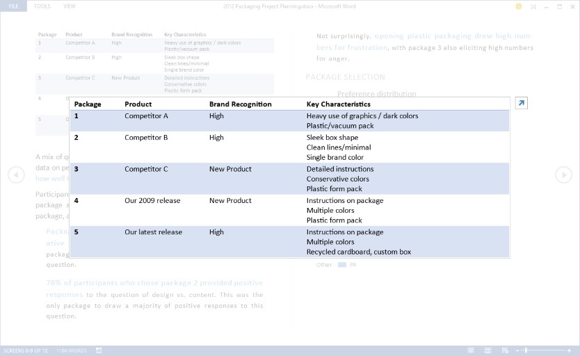 Screenshot of table being zoomed to a larger size in reading mode
