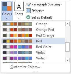 Screenshot of the Theme colors drop down on the Design tab