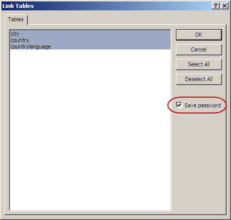 Save password check box in Link Tables dialog box