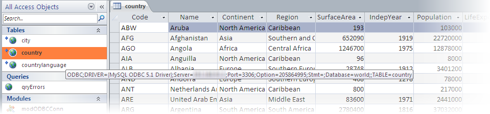 Linked table with connect string displayed as a tooltip