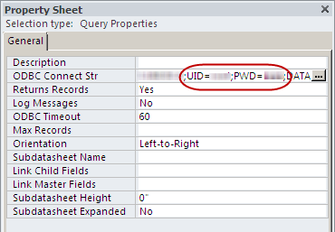 Property Sheet for a query, displaying the ODBC Connect Str property