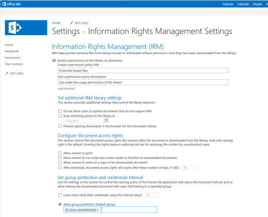Group protection as part of the advanced IRM settings on document libraries