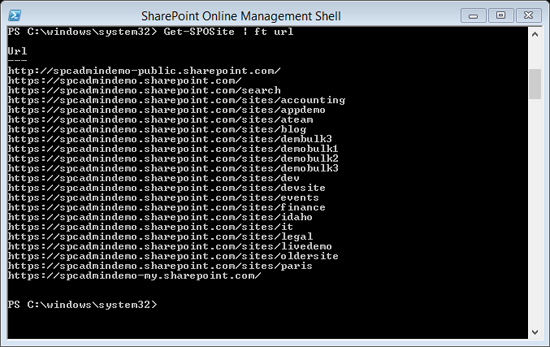 Results returned with Windows PowerShell showing all site collections using the Get - SPOSite command