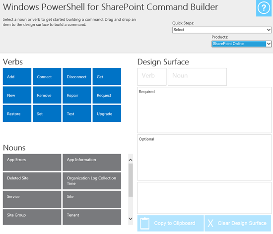 Main screen of the Windows PowerShell for SharePoint Command Builder when you select SharePoint Online from the Products drop-down menu