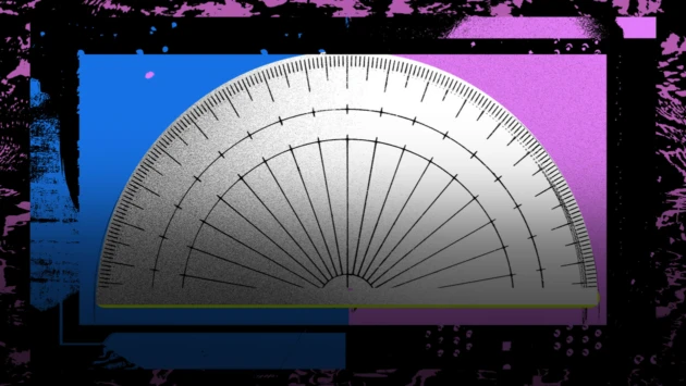 A decorative image of a protractor on a black, purple, and blue background