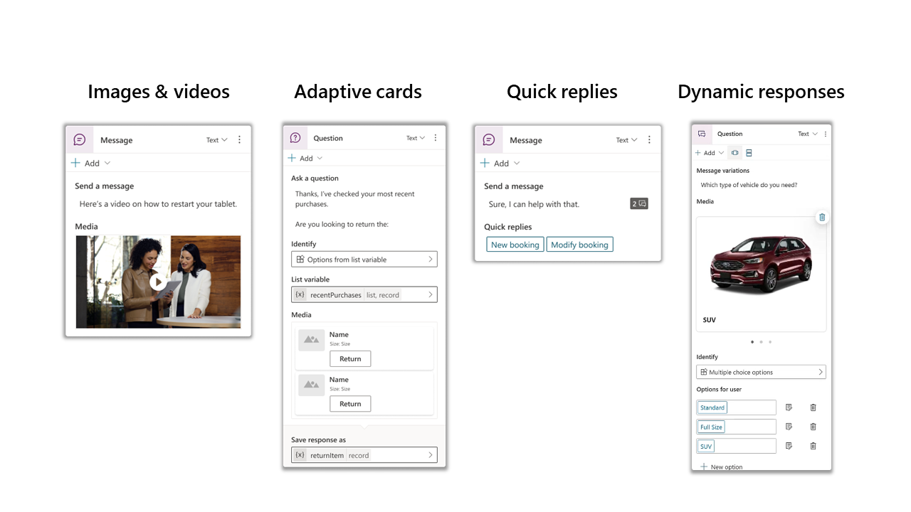 This image provides four examples of multi-media responses in Power Virtual Agents. This includes from left to right, Images and videos, adaptive cards, quick replies and dynamic responses. These are examples to what the building experience would be for each.