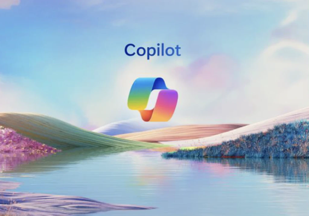 A decorative graphic including the Microsoft Copilot logo over a body of water with colorful rolling hills and sky above.