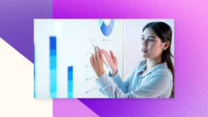 Woman at projection board with blue and white background.