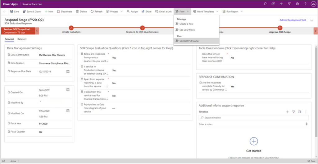 Screenshot of a Compliance PM using the flow Contact PM owner to reach out to the owner of service to get more information for scope assessment.