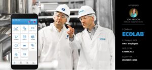 Banner image for Ecolab story. Mentions App leader Lori Jarchow, 50K+ employees, Industry - Chemicals, Country - United States