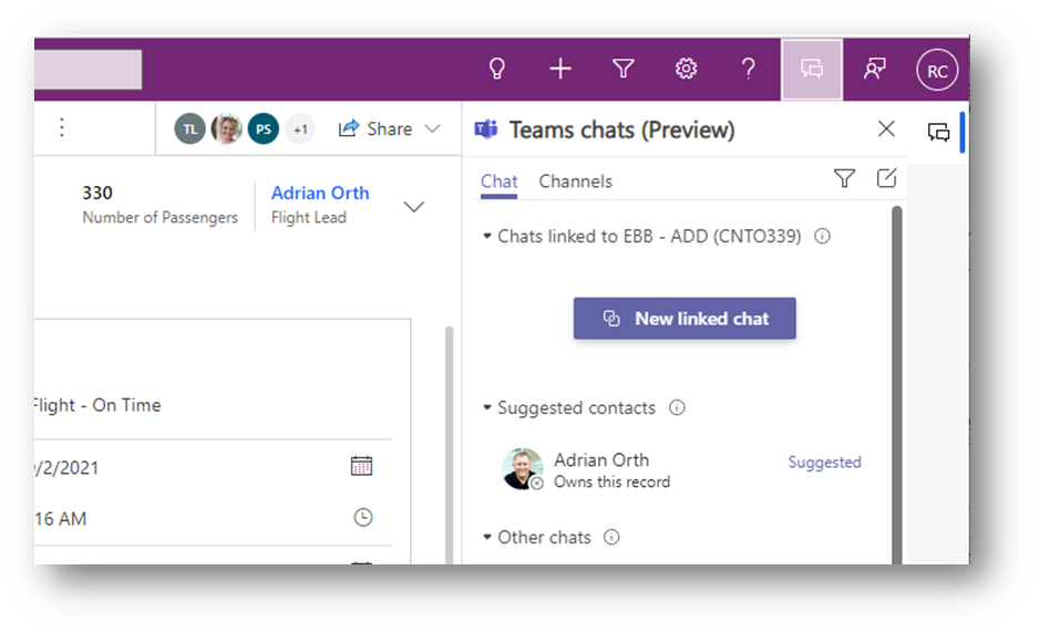 Screenshot of Teams chat preview embedded in Power Apps