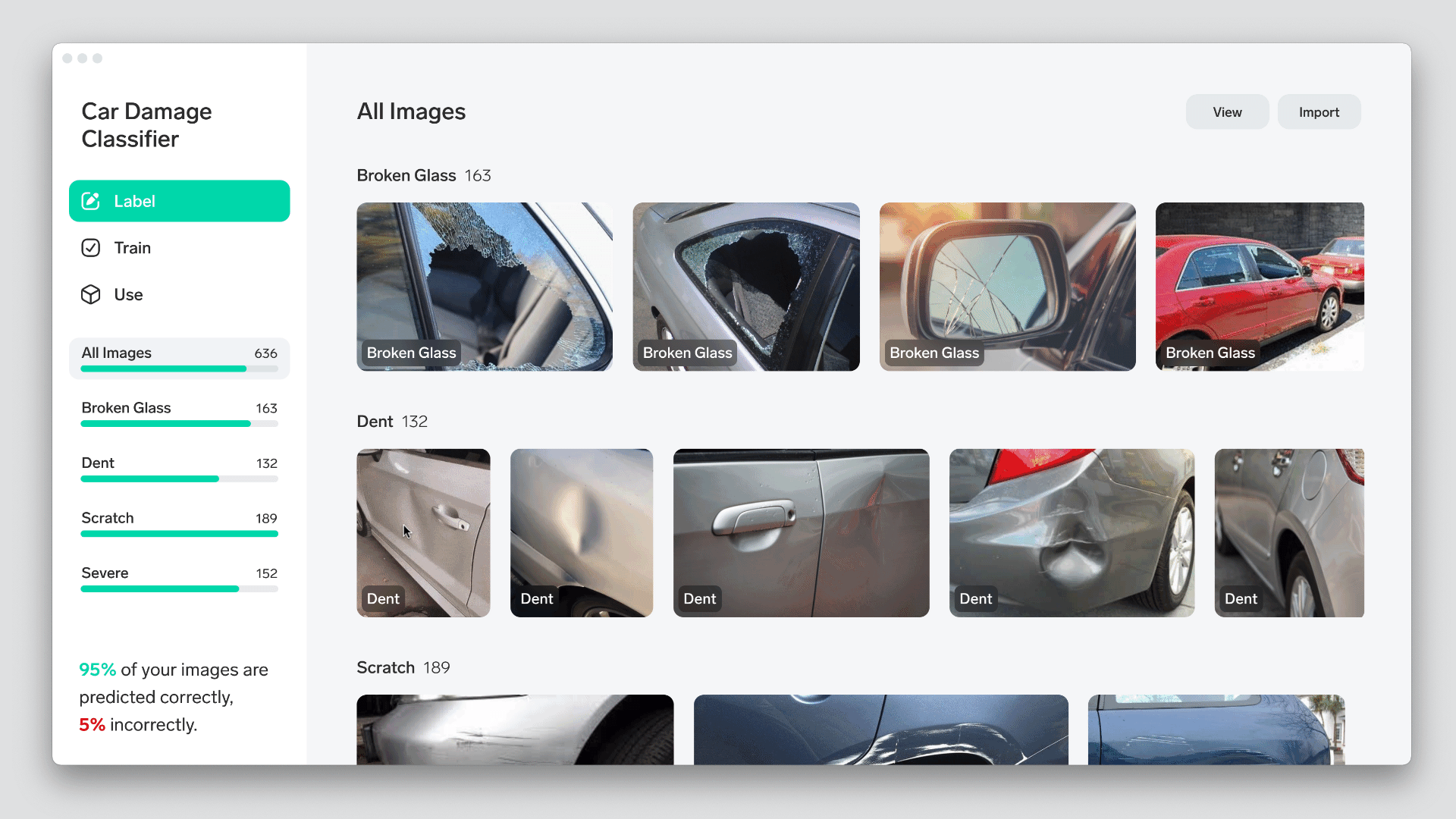 An image of Lobe showing a car damage image classification dataset and trained model