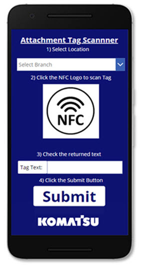 Komatsu Genuine Attachments NFC tag reader canvas app
