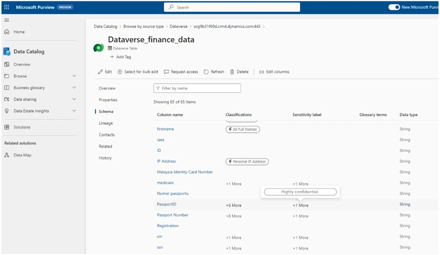 Review applied sensitivity labels appearing in Dataverse source table data using Microsoft Purview Data Catalog.