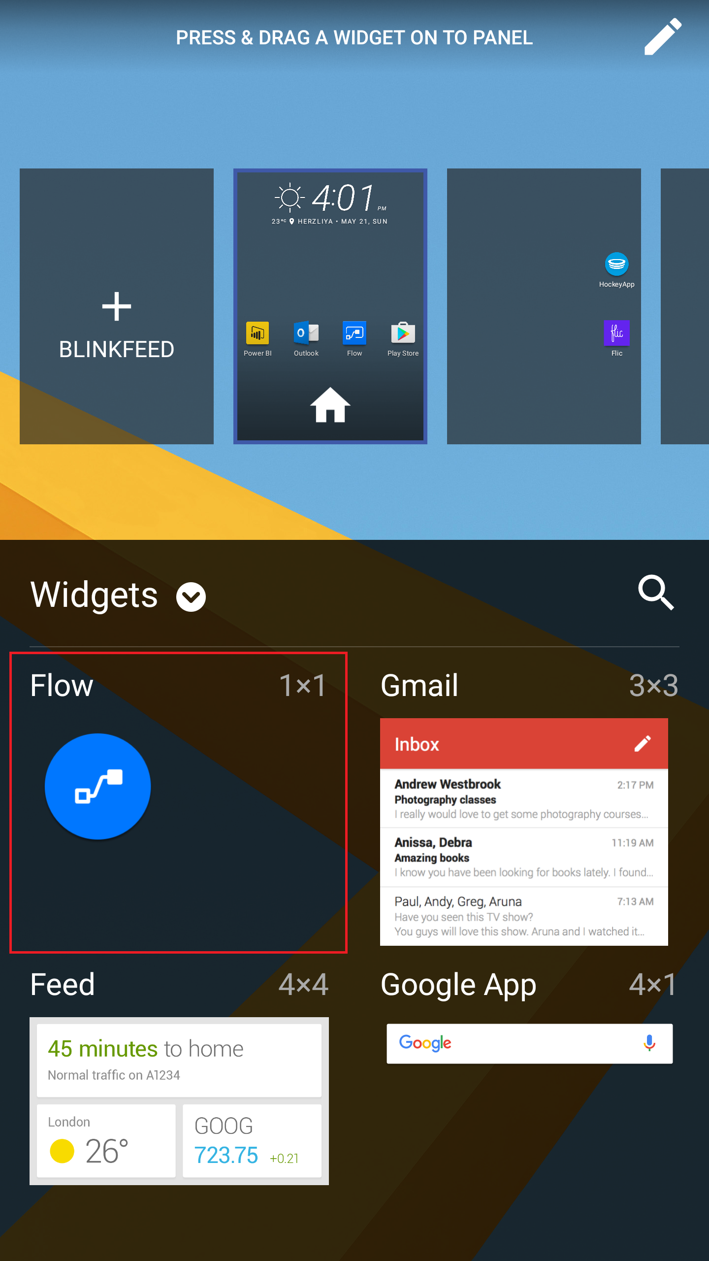Android widget menu