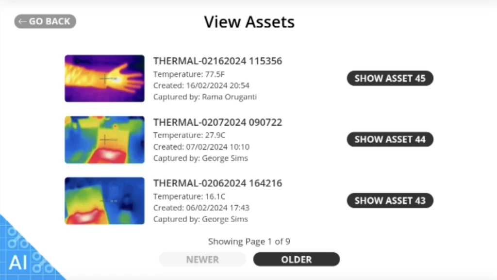 View of the "View Assets" screen in the RealWear application built with Power Apps. The view includes the used thermal camera view.