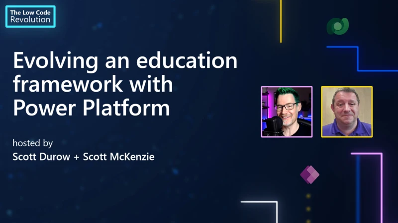 Cover slide for training video with the title "Evolving an education framework with Power Platform"
