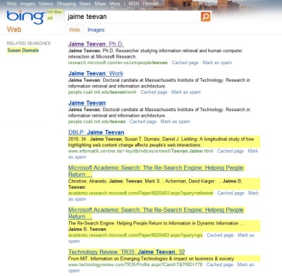 Screenshot of a Bing search results page with new content highlighted in yellow