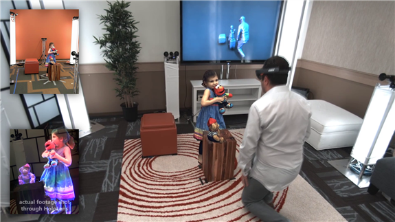 Holoportation - a man wearing a Hololens device standing in front of a 'hologram' girl 