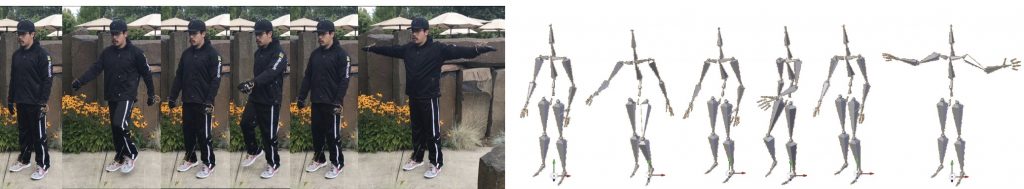 Split image: human poses on the left with tracked poses on the right