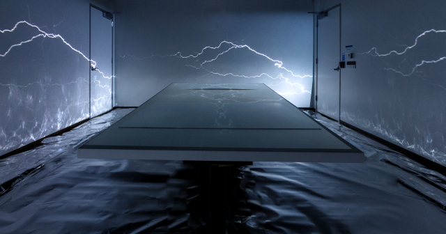 steel blue table in immersive technologies installation