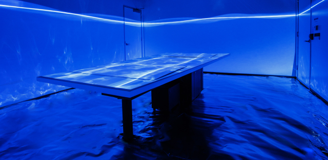 blue table in immersive technologies installation