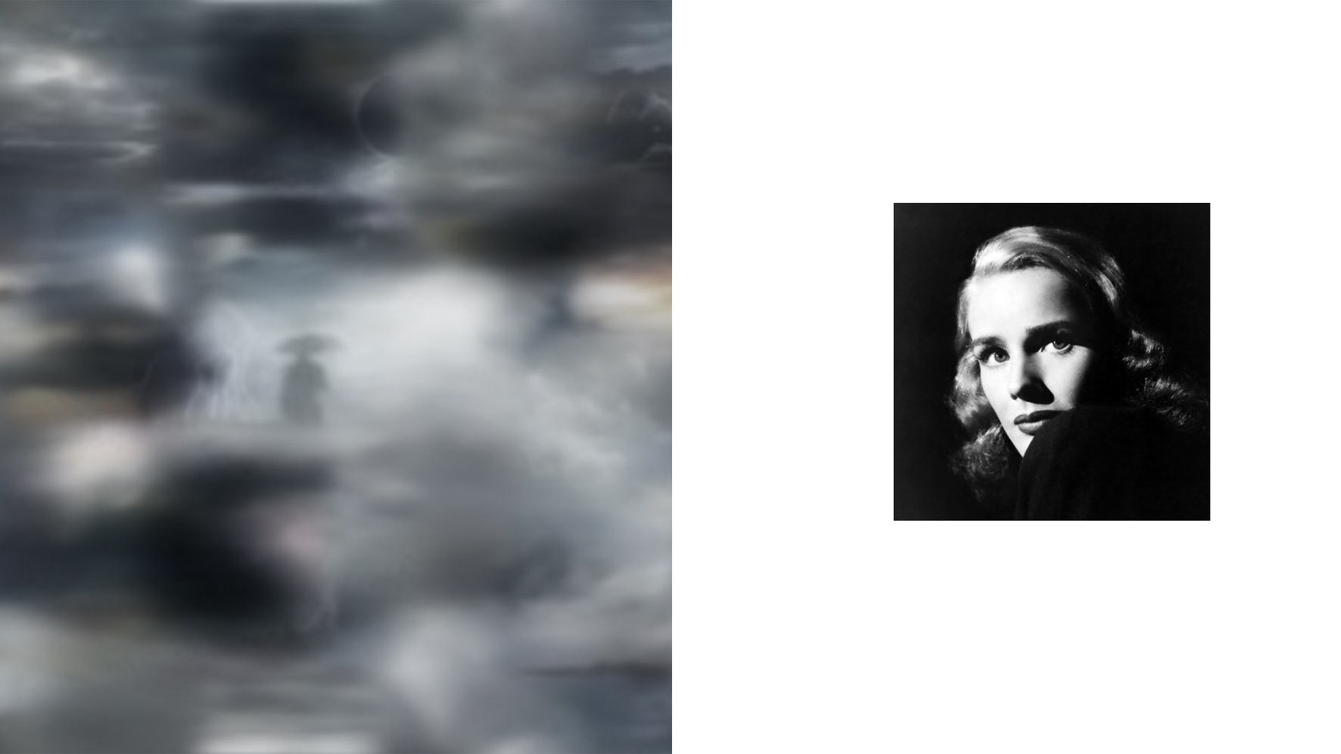 Artist Maja Petrić used machine learning algorithms to create this cloudy sky graphic, shown alongside a black/white glamour portrait of woman