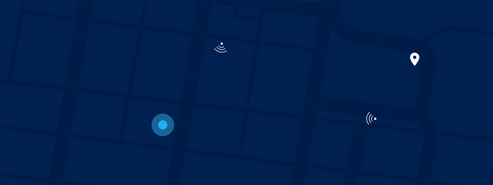 Soundscape - A city street map grid in dark blue with a light blue GPS beacon, two white sound wave icons, and a white location icon