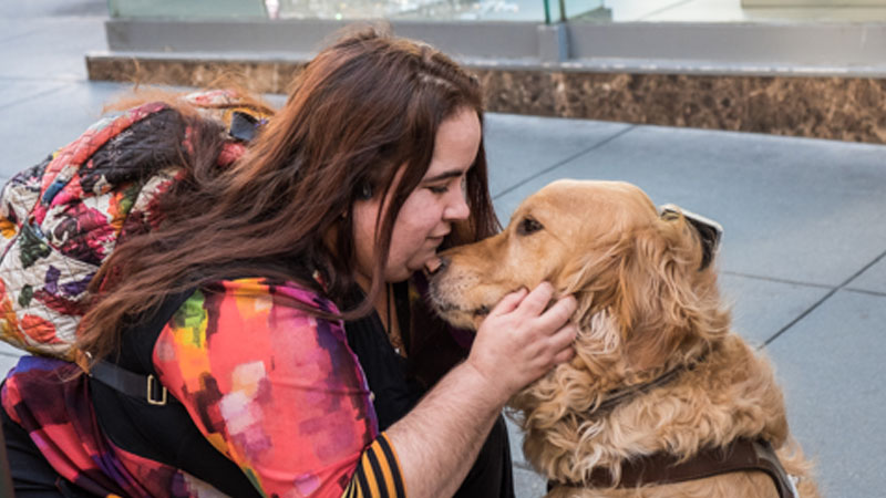 A woman with a floral backpack kneels to pet her guide dog while holding her phone.