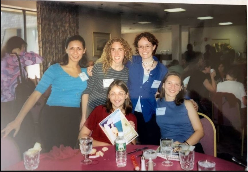 Brown University's undergraduate delegation at the 2000 Grace Hopper Celebration in Massachusetts. Top Row: Seema Ramchandani (now at Amazon), Meredith Ringel Morris (now at Microsoft Research), danah boyd (now at Microsoft Research). Bottom Row: Christine Russell (now at Google), Hannah Rohde (now at University of Edinburgh).