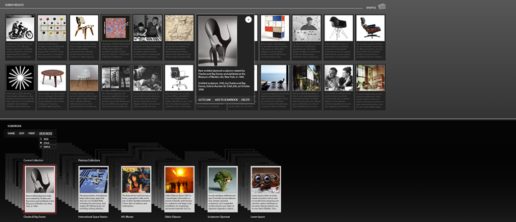 Image of the Cards prototype, showing a collection of cards about chairs.