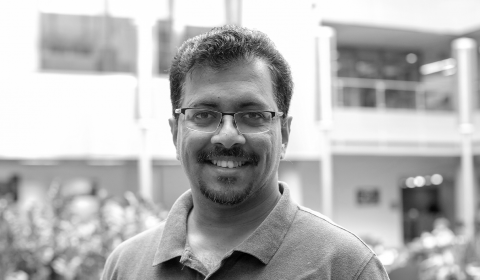 Black and white photo of Karthik Ramachandra