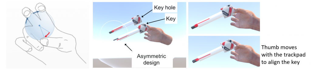 Figure 4: Using TORC to insert a key on a keyhole. TORC allows precise manipulation of a held object’s rotation by sensing finger motion.
