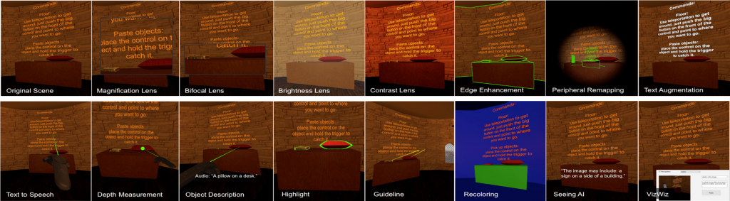 The 14 SeeingVR tools, overlaid individually upon a scene from the open source Unity game EscapeVR-HarryPotter; end-users can combine the individual tools as needed, based on their visual abilities.