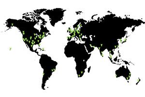 Black and white map graphic with green location arrows